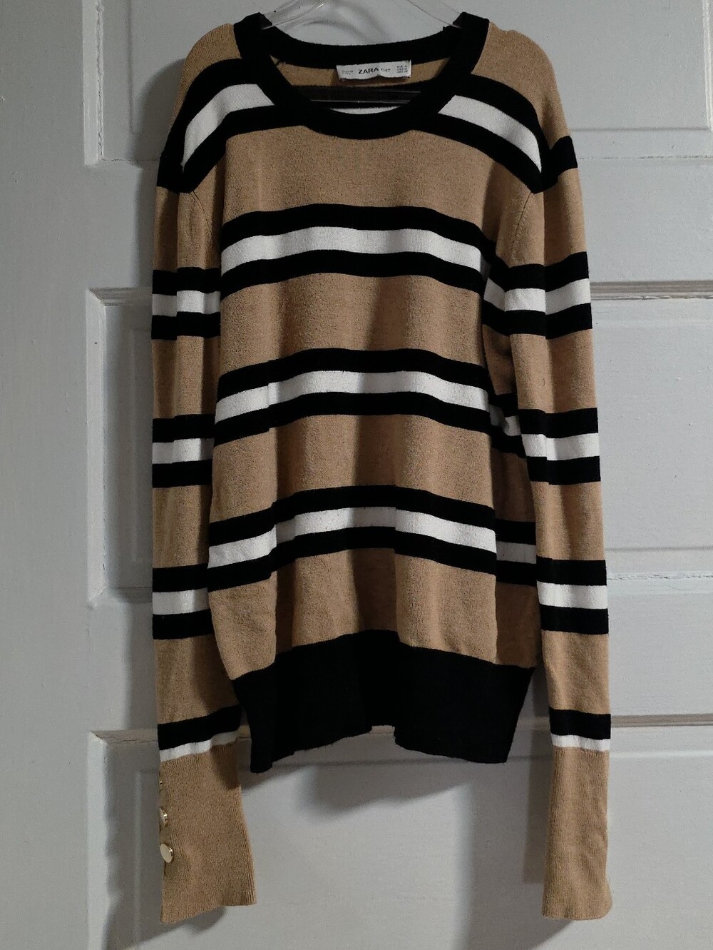 Zara Striped Knit Sweater Medium Tan Black White Gold Cuff Button Pullover
